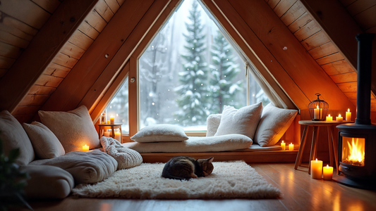 Cozy room with candles, soft cushions, and a fireplace, creating a warm and inviting atmosphere.