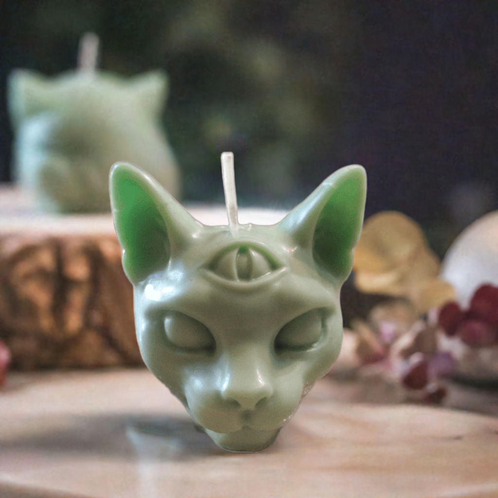 Scent Fushion Candles Abstract Sculpture Candle Collection - Unique Three-Eyed Demon Cat Candle, 7 oz, Scented or Unscented